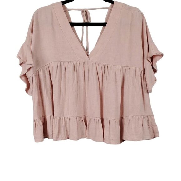 💎288Peach Love California V Neck Ruffled Flutter Sleeve Cropped Linen Blend Top - Picture 1 of 6